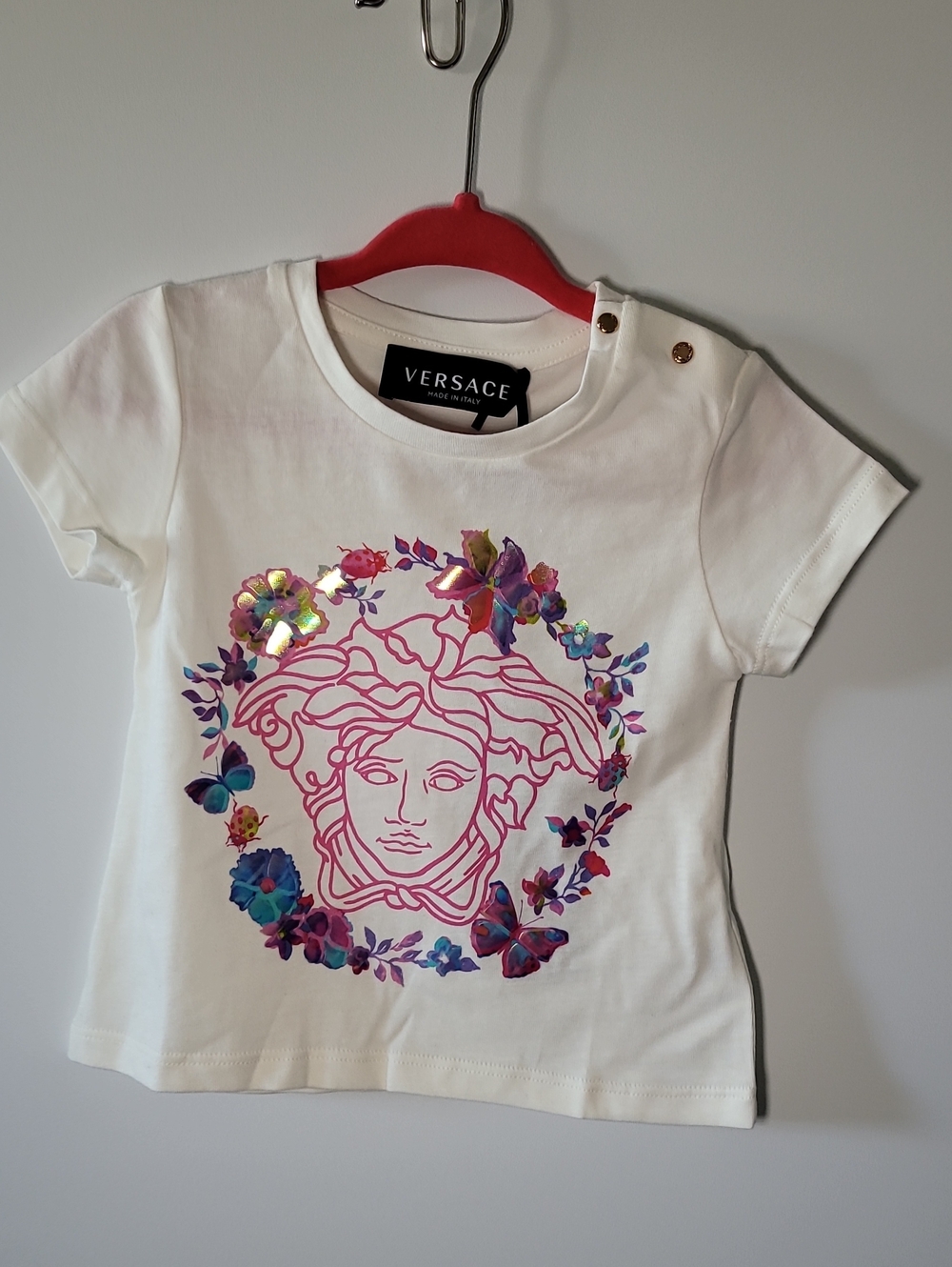 Versace White Tee with Pink Medusa and Multicolor Floral Accents